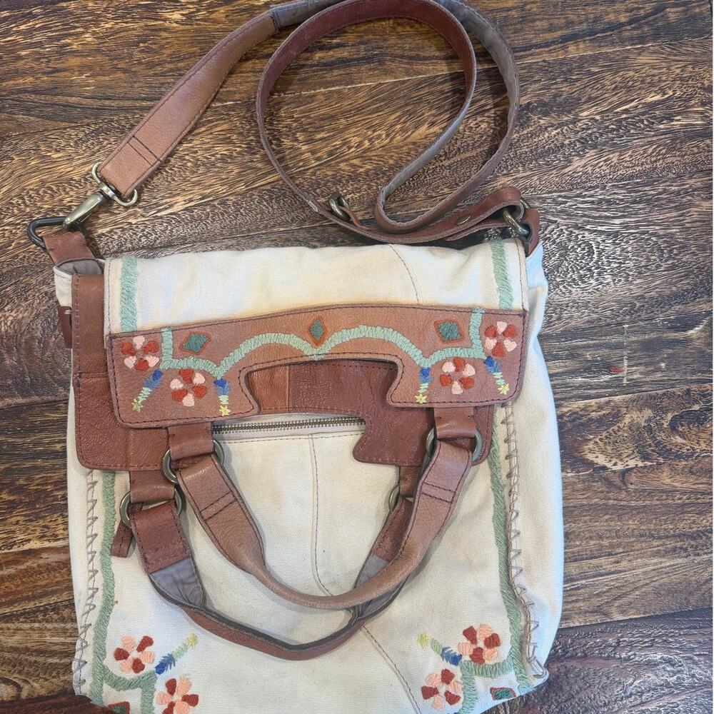 Lucky Brand Canvas Leather Crossbody Embroidered Tote